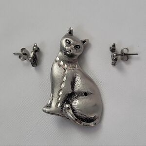 Elegant Silver Cat Brooch and Earring Set